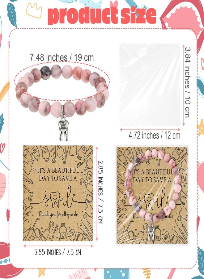 Quelay 6 Sets Dental Hygienist Gift Tooth Bracelet Natural Stone Bracelet with Thank You Card Valentines Appreciation Gift Charm Teeth Jewelry for Dentist Assistant Accessories Women Medical Coworker - Image 2